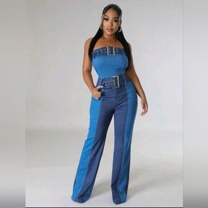Colorblock tube jumpsuit with belt